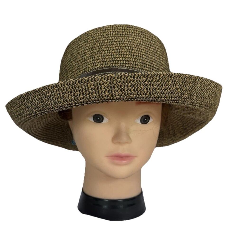 Women's Scala Paper/Poly Wide Brim Sun Hat Tan W Black Leather Band One Size